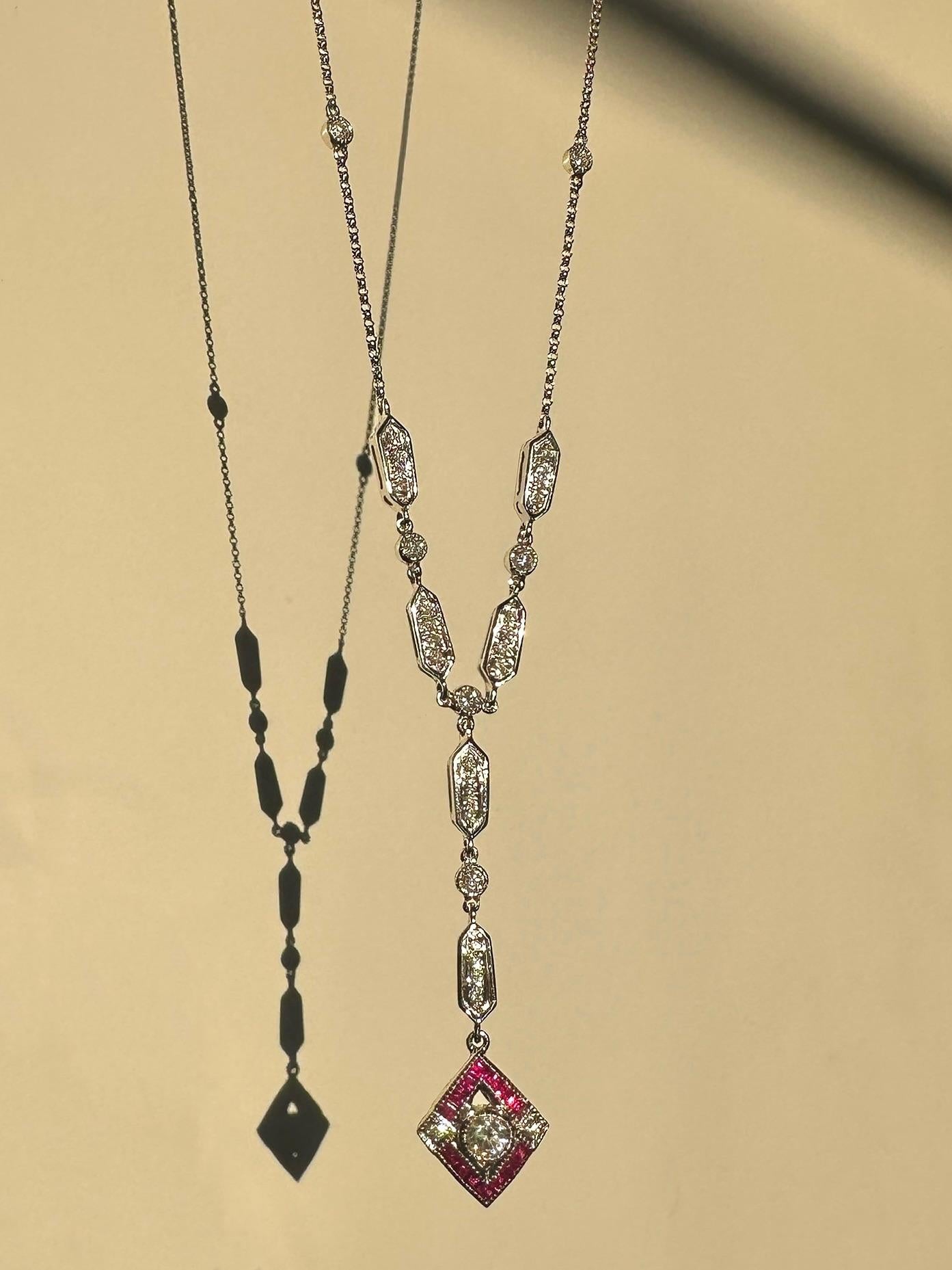 Estate 18K White Gold Diamond and Ruby Y-Necklace