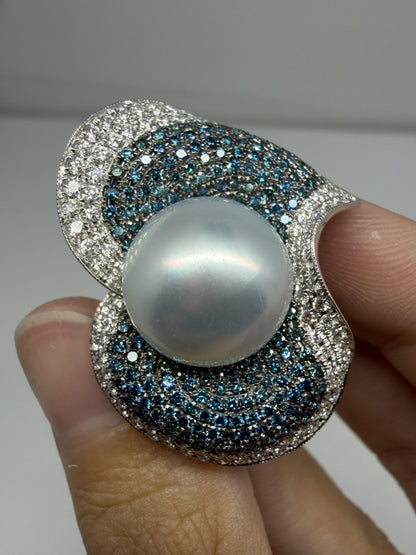 18K White Gold Blue and White Diamond Pearl Cocktail Ring