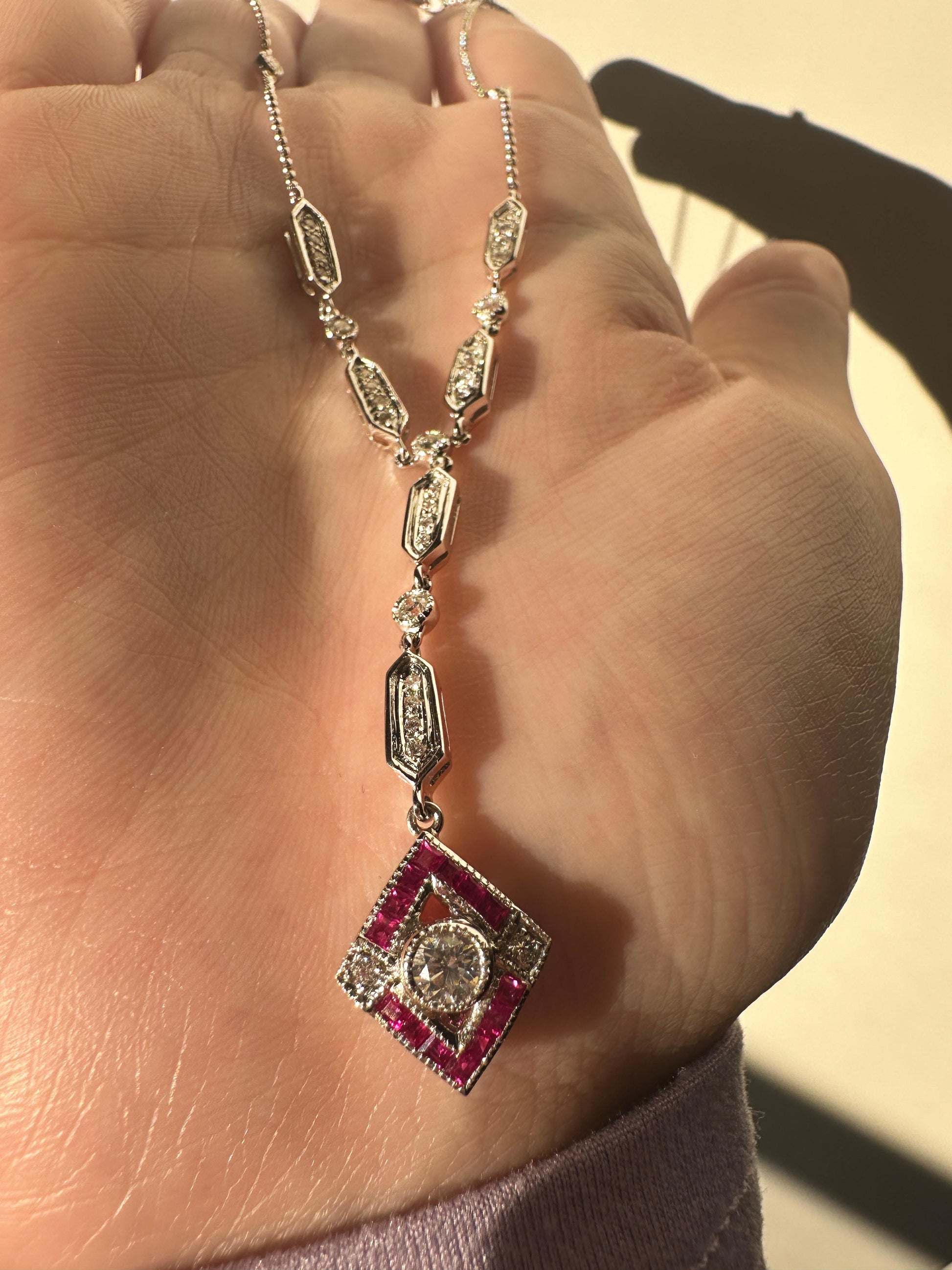 Estate 18K White Gold Diamond and Ruby Y-Necklace