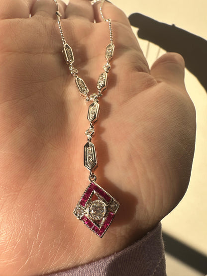 Estate 18K White Gold Diamond and Ruby Y-Necklace