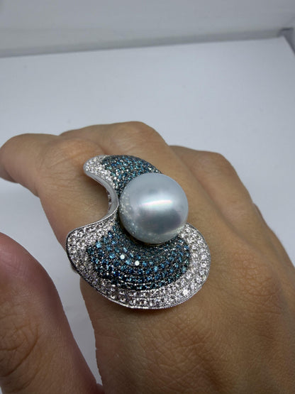 18K White Gold Blue and White Diamond Pearl Cocktail Ring