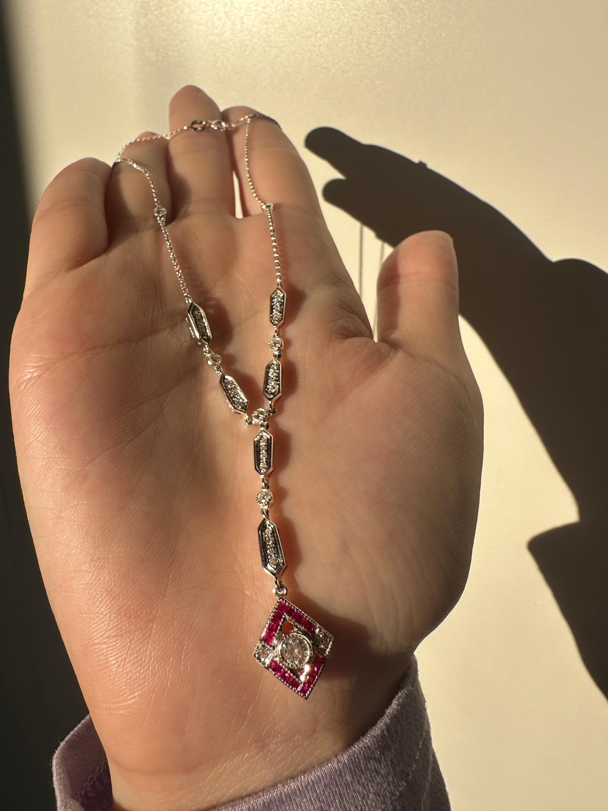 Estate 18K White Gold Diamond and Ruby Y-Necklace