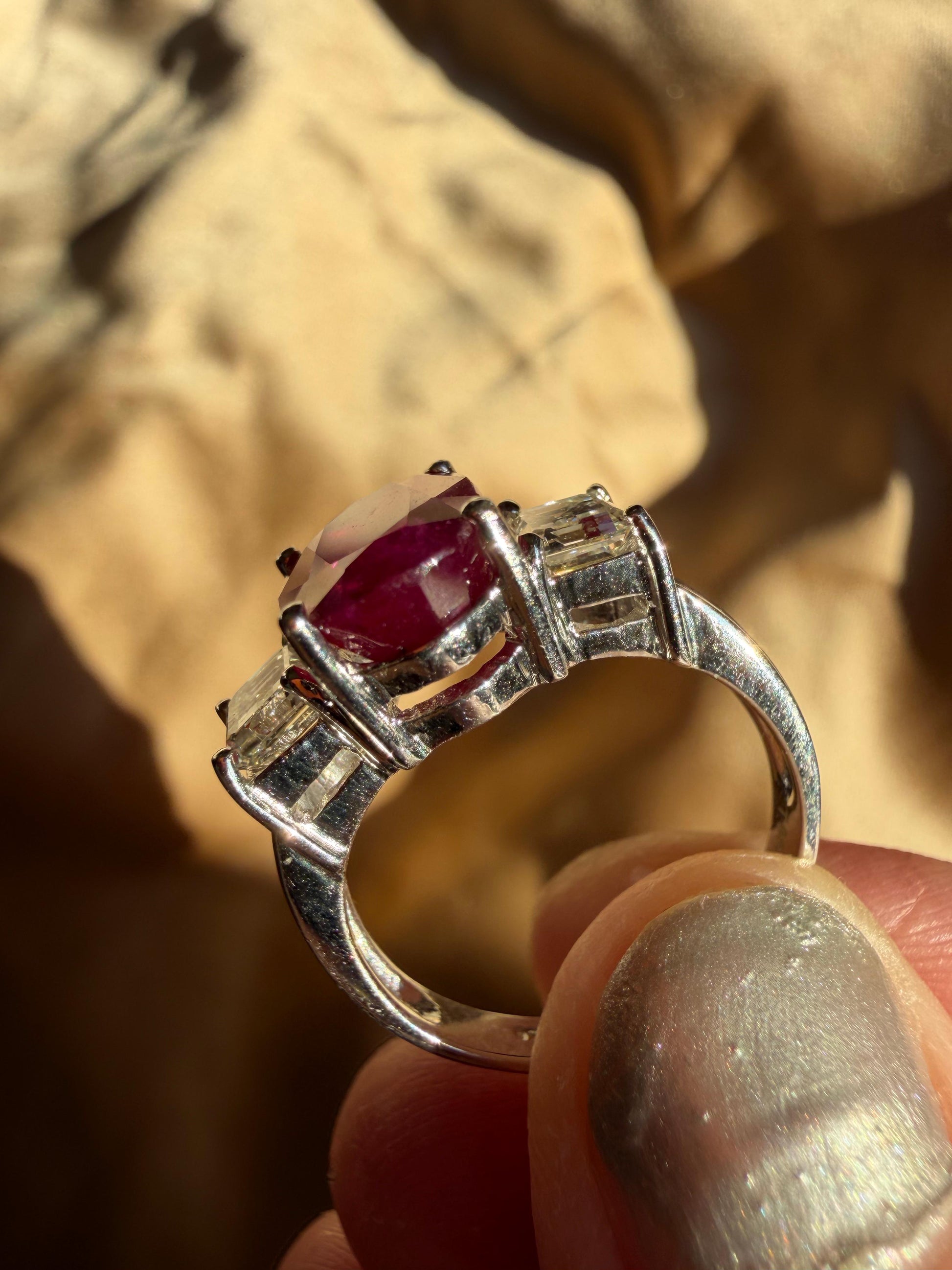18K White Gold Asscher Cut Diamond and African Ruby Three Stone Ring - Size 6.75