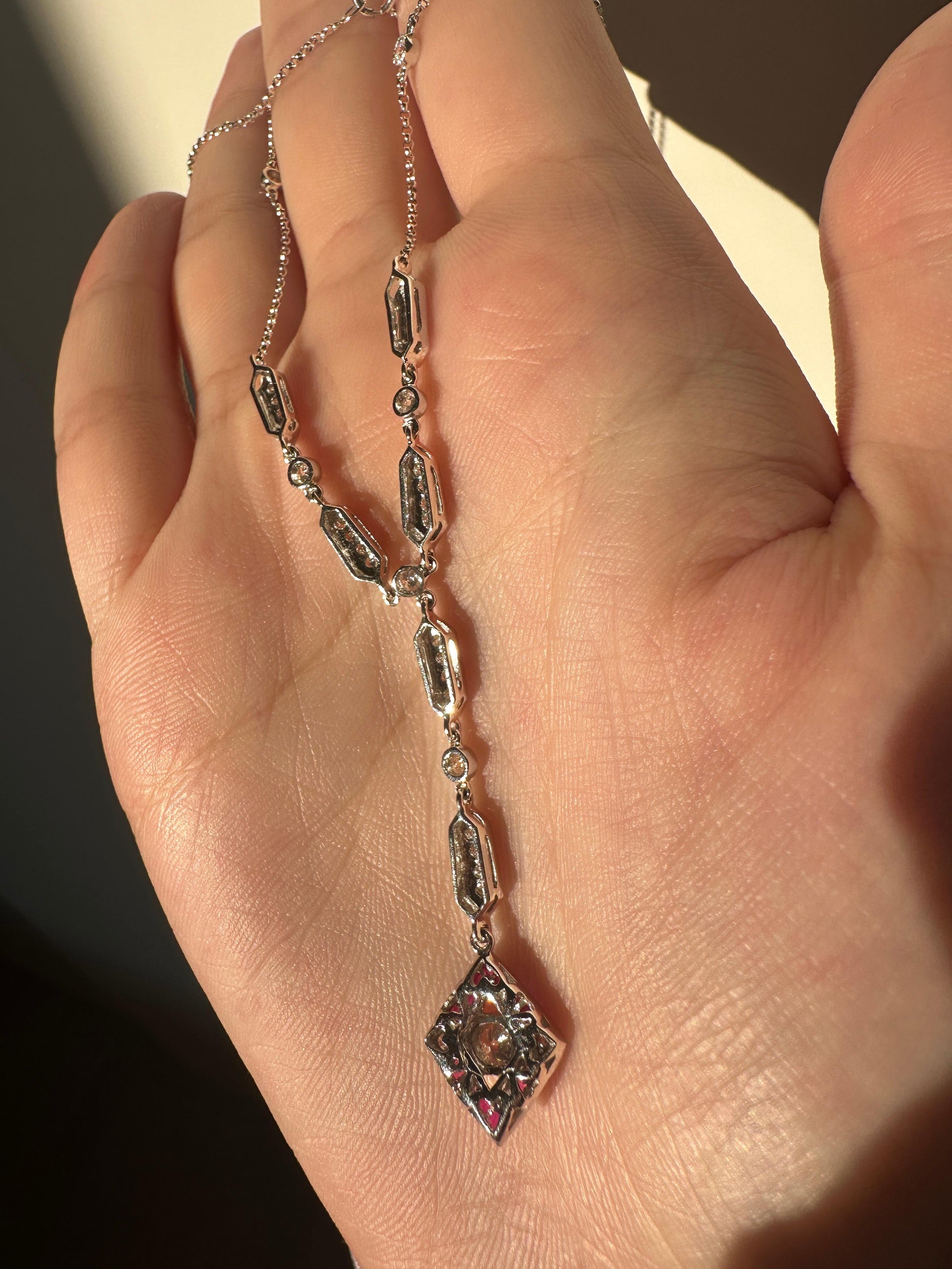 Estate 18K White Gold Diamond and Ruby Y-Necklace