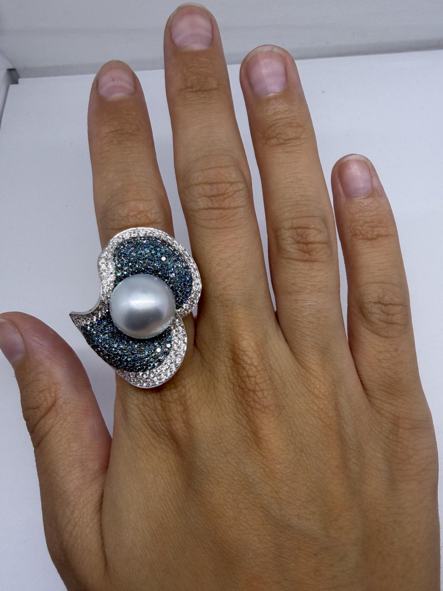 18K White Gold Blue and White Diamond Pearl Cocktail Ring