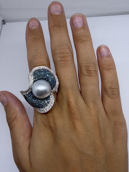 18K White Gold Blue and White Diamond Pearl Cocktail Ring