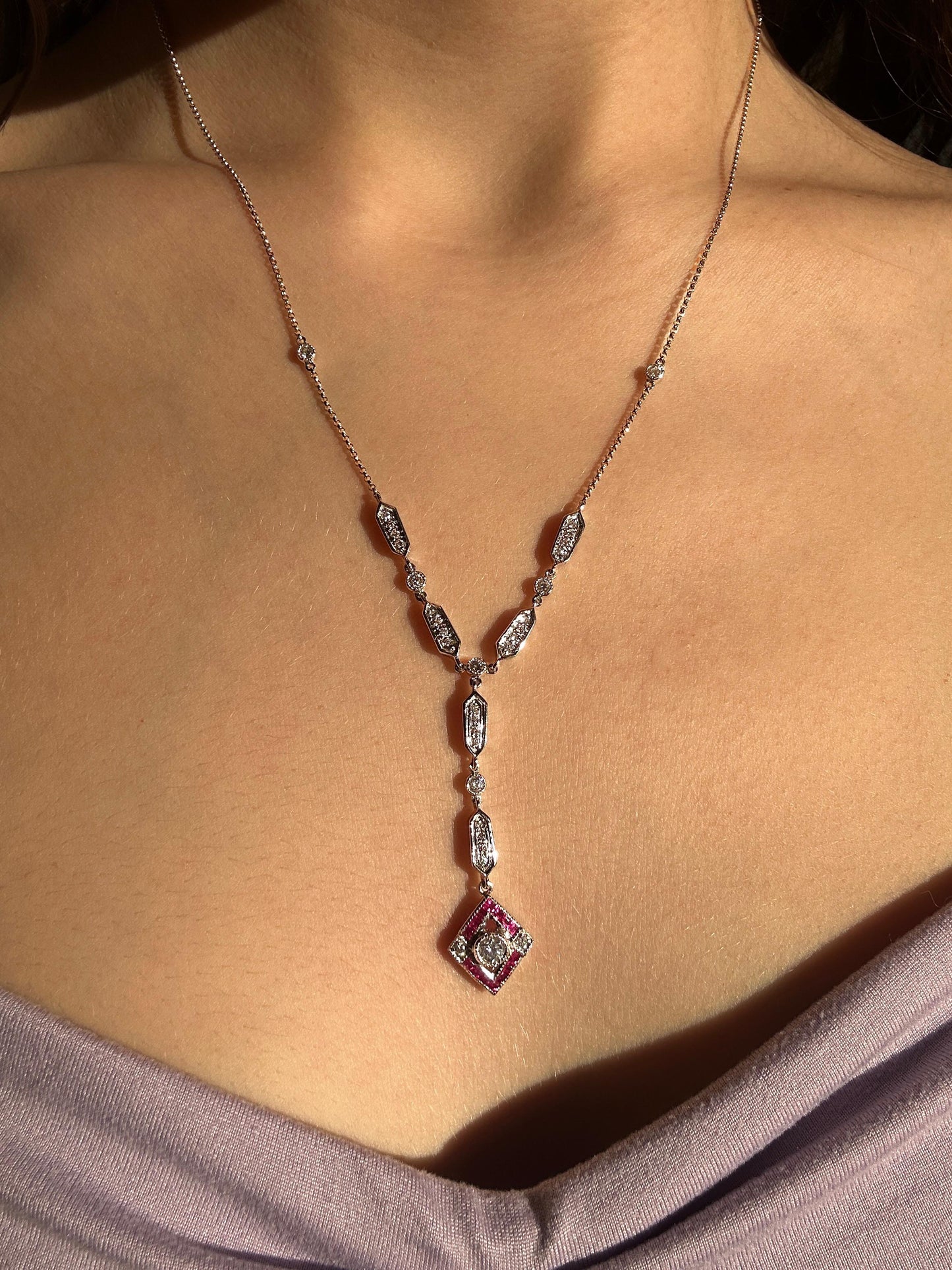 Estate 18K White Gold Diamond and Ruby Y-Necklace