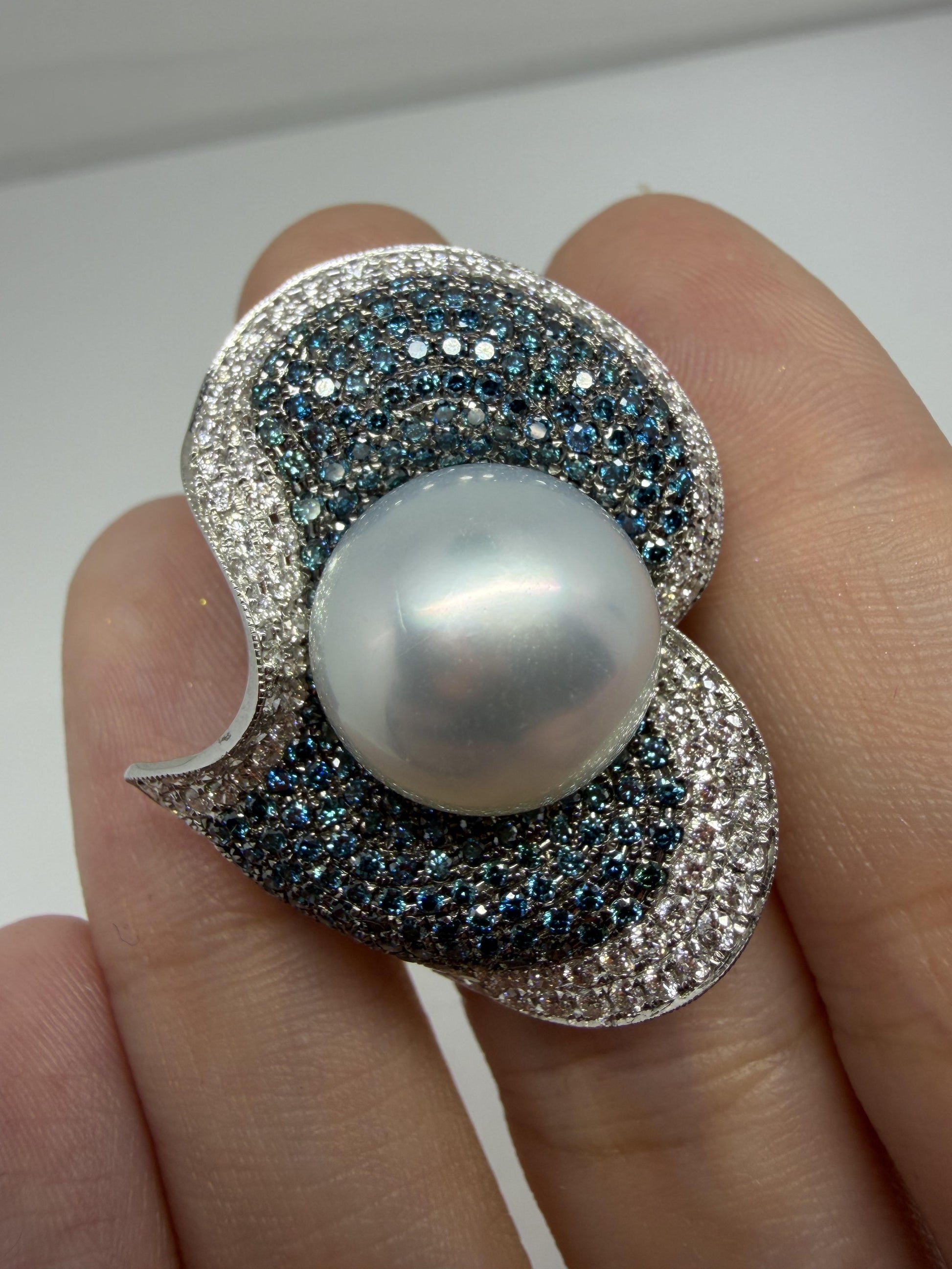 18K White Gold Blue and White Diamond Pearl Cocktail Ring