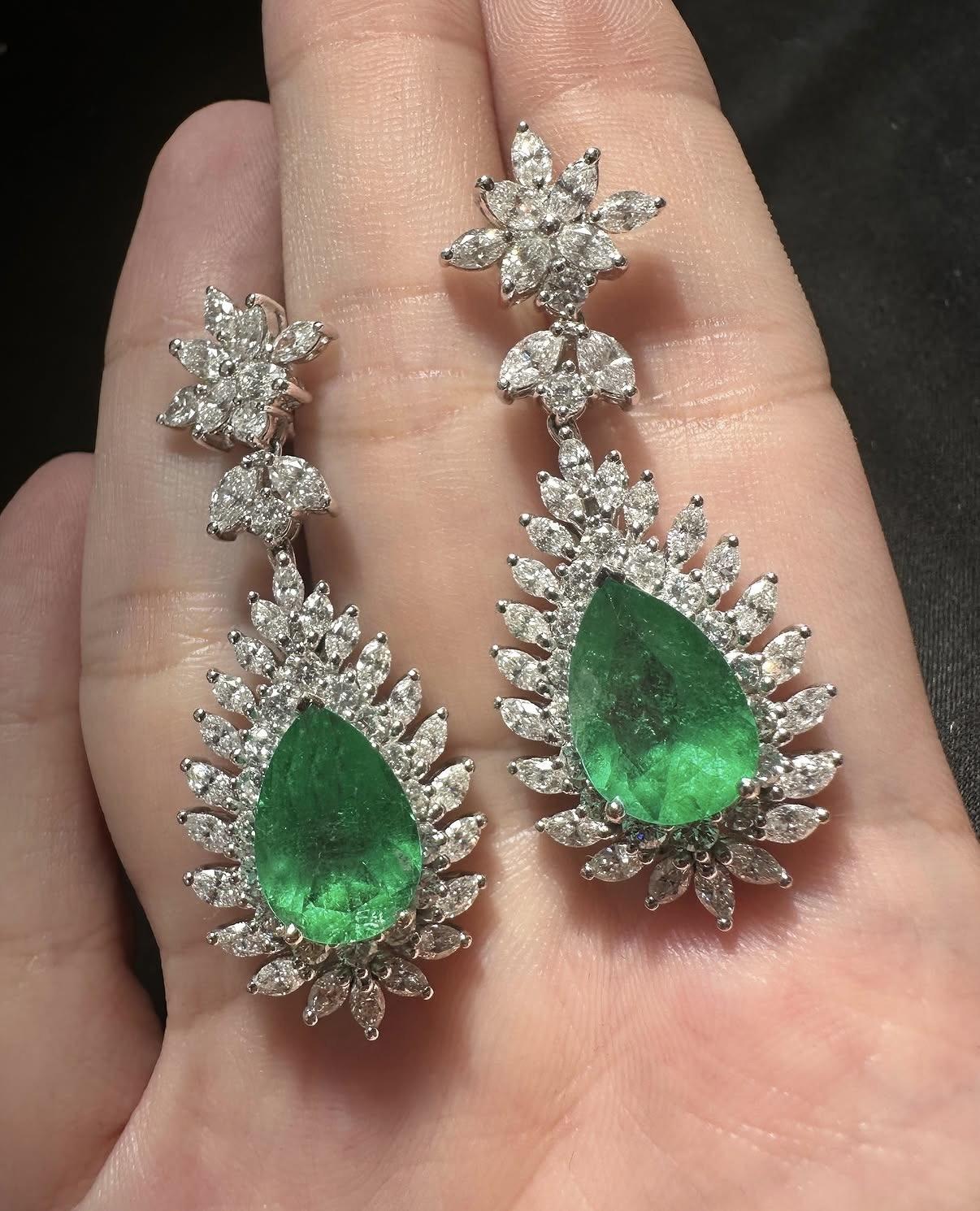 18k Marquise Cut Diamond and Pear Cut Emerald Earrings