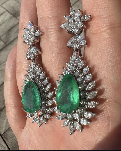 18k Marquise Cut Diamond and Pear Cut Emerald Earrings