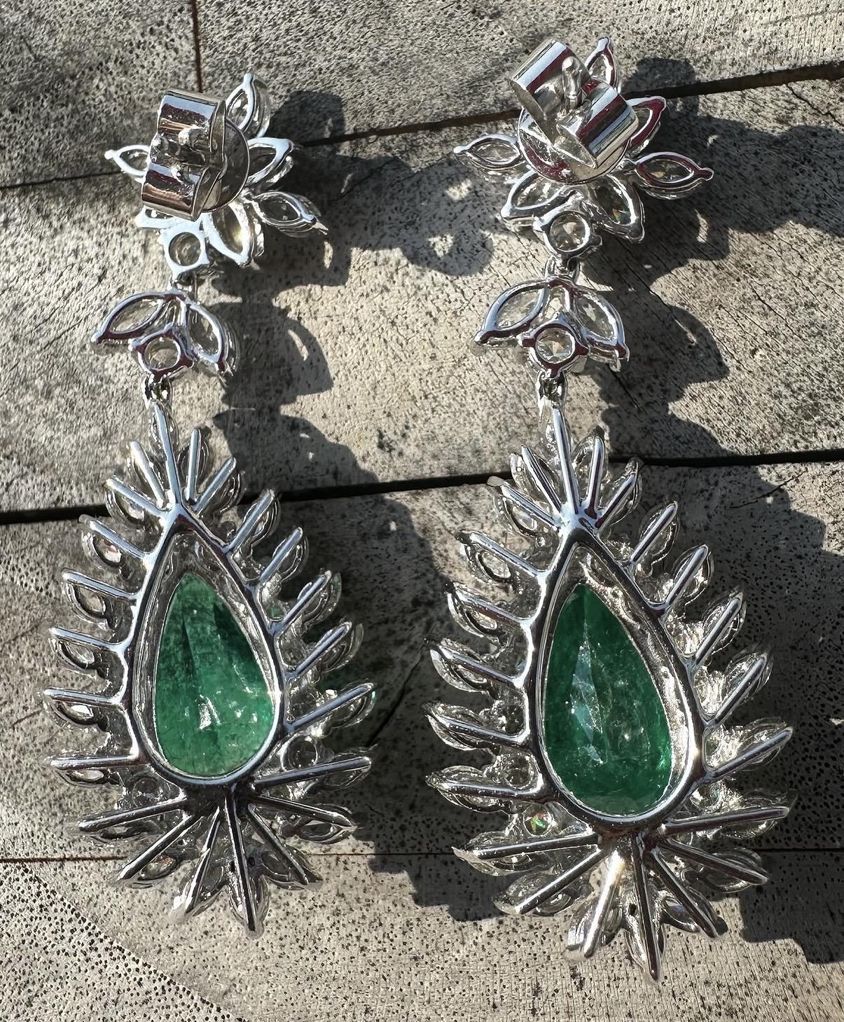 18k Marquise Cut Diamond and Pear Cut Emerald Earrings