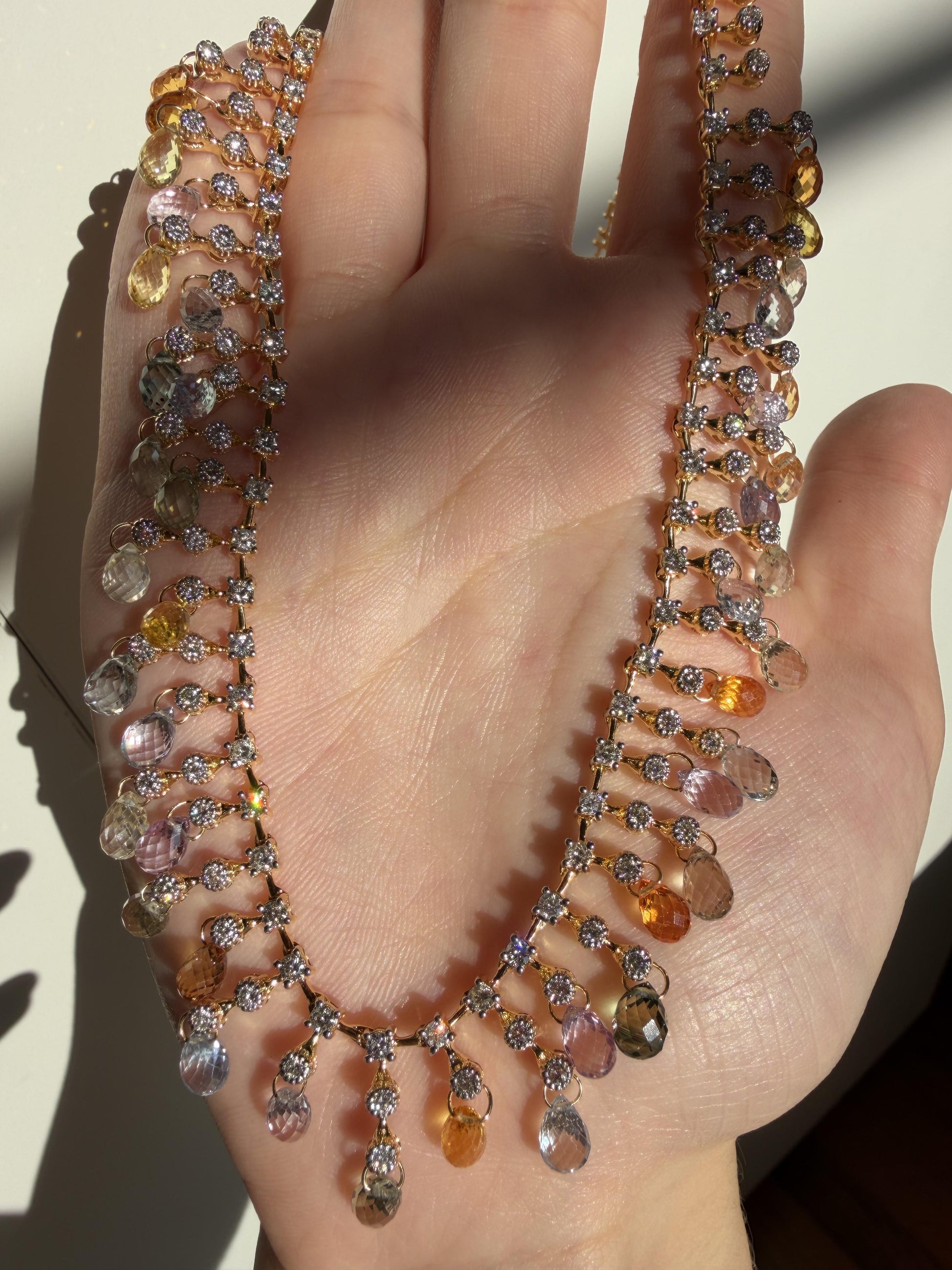 18K Yellow Gold Diamond and Briolette Multicolor Sapphire Necklace
