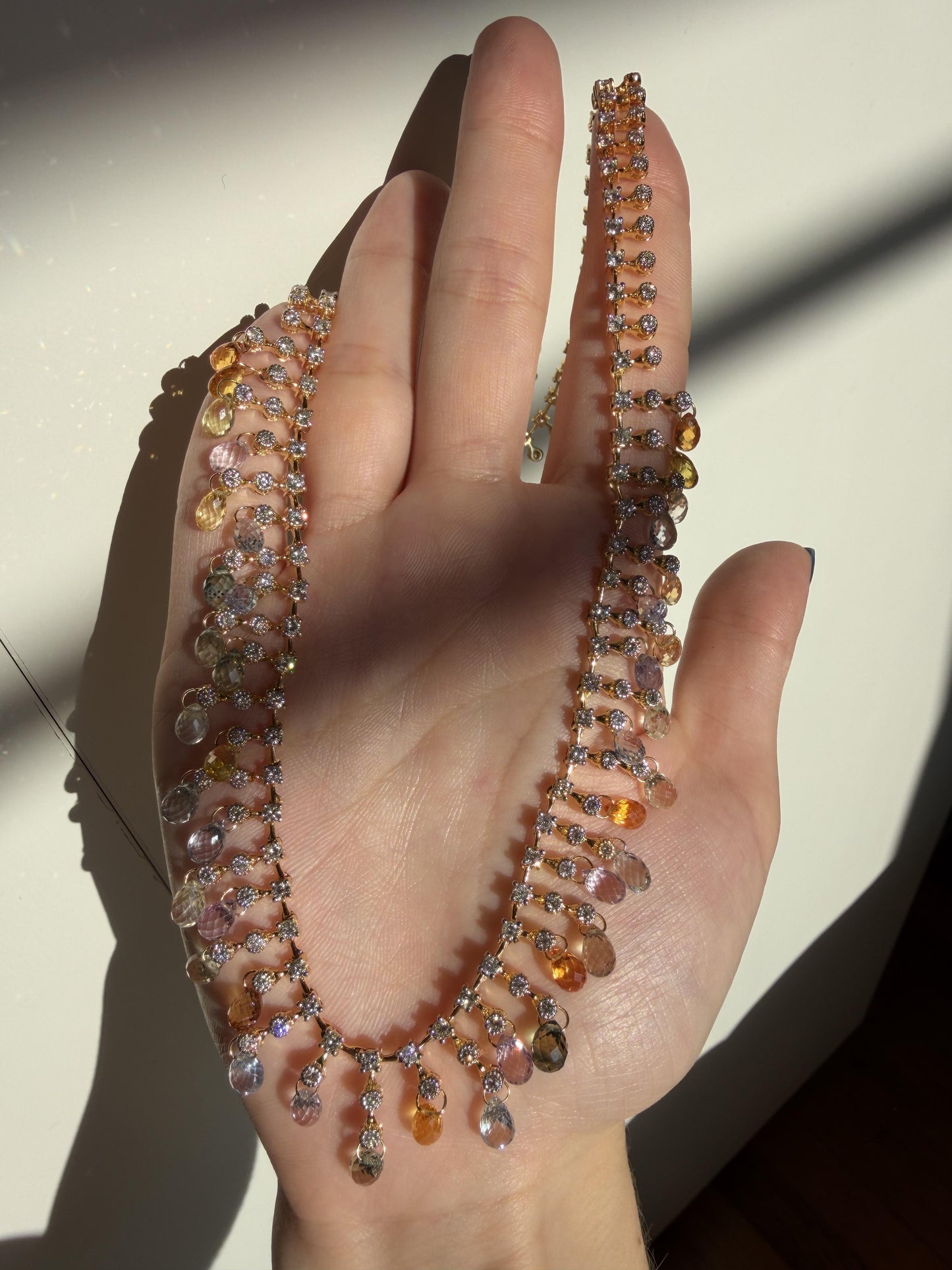18K Yellow Gold Diamond and Briolette Multicolor Sapphire Necklace