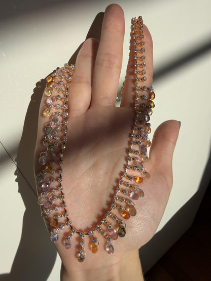18K Yellow Gold Diamond and Briolette Multicolor Sapphire Necklace