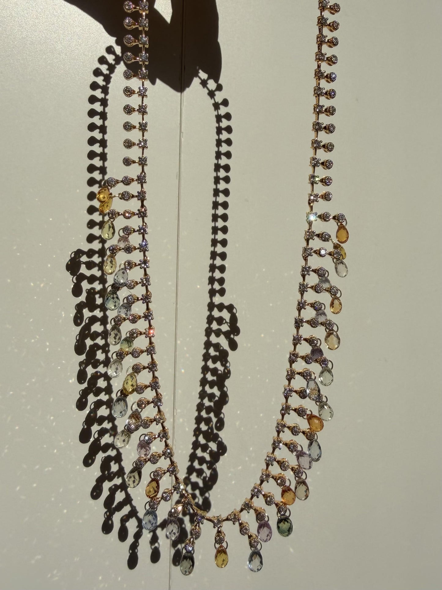 18K Yellow Gold Diamond and Briolette Multicolor Sapphire Necklace