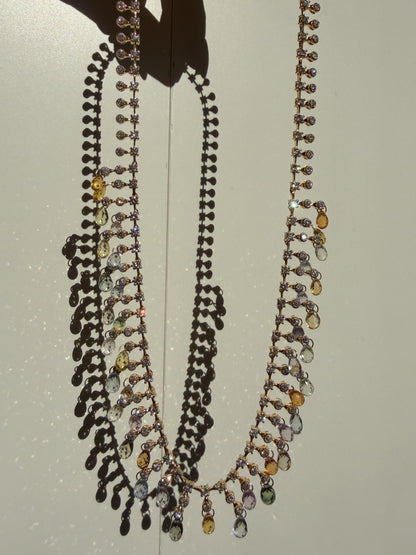 18K Yellow Gold Diamond and Briolette Multicolor Sapphire Necklace