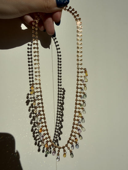 18K Yellow Gold Diamond and Briolette Multicolor Sapphire Necklace