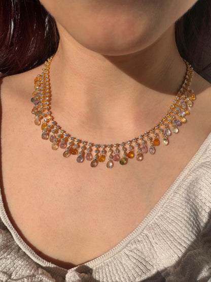 18K Yellow Gold Diamond and Briolette Multicolor Sapphire Necklace