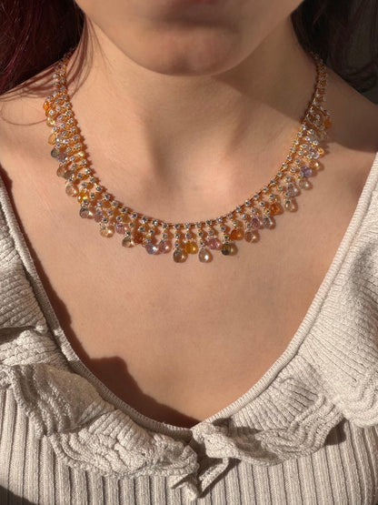 18K Yellow Gold Diamond and Briolette Multicolor Sapphire Necklace