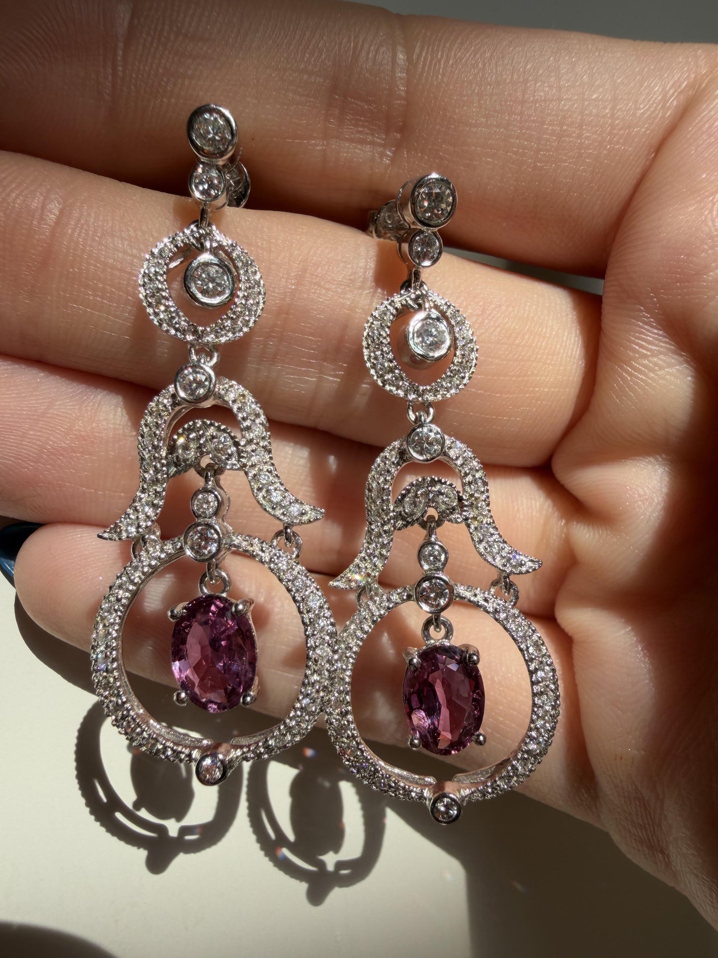 18K White Gold Diamond and 2.52 Carat Oval Cut Ruby Drop Earrings