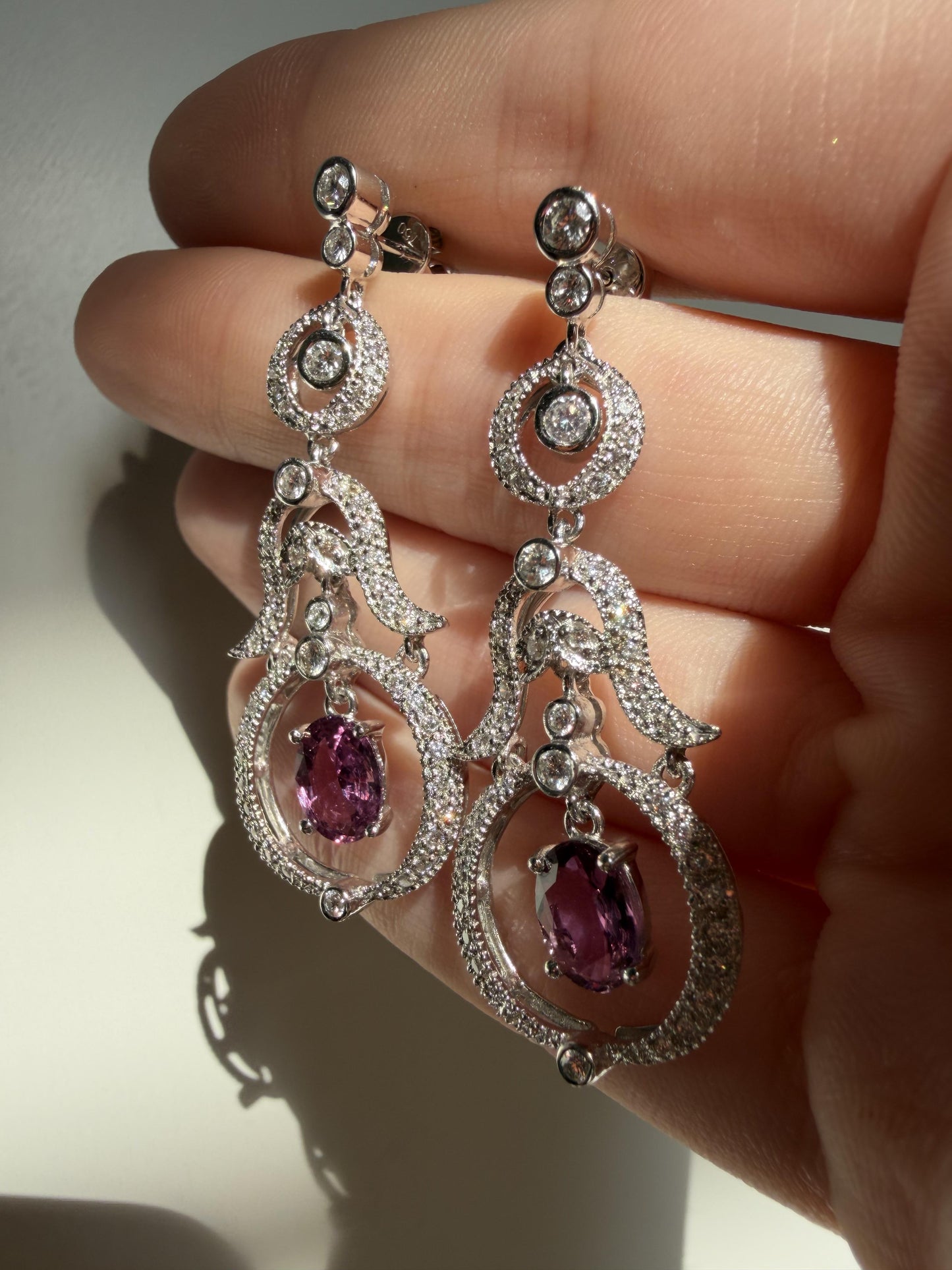 18K White Gold Diamond and 2.52 Carat Oval Cut Ruby Drop Earrings