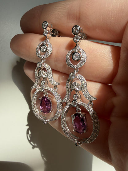 18K White Gold Diamond and 2.52 Carat Oval Cut Ruby Drop Earrings