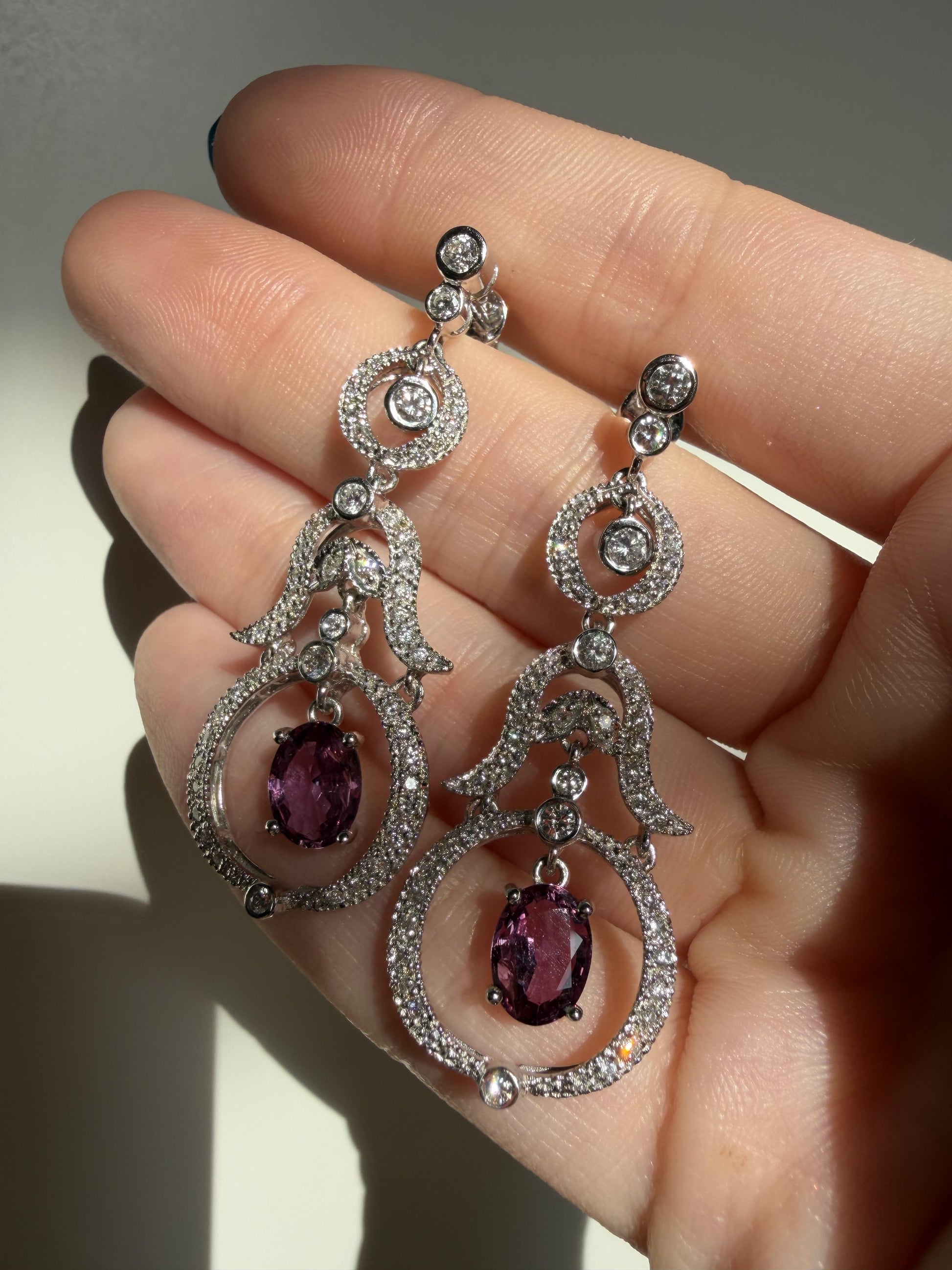 18K White Gold Diamond and 2.52 Carat Oval Cut Ruby Drop Earrings