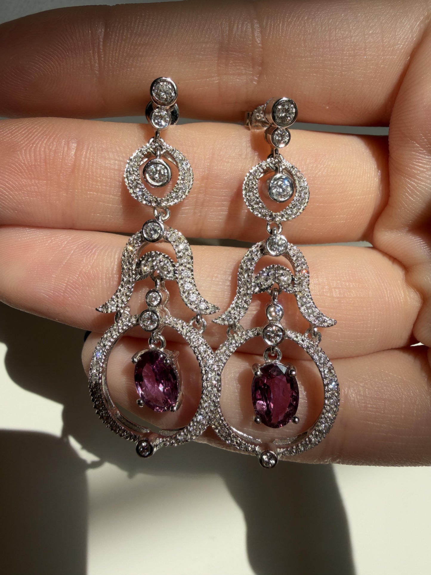 18K White Gold Diamond and 2.52 Carat Oval Cut Ruby Drop Earrings