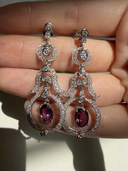 18K White Gold Diamond and 2.52 Carat Oval Cut Ruby Drop Earrings