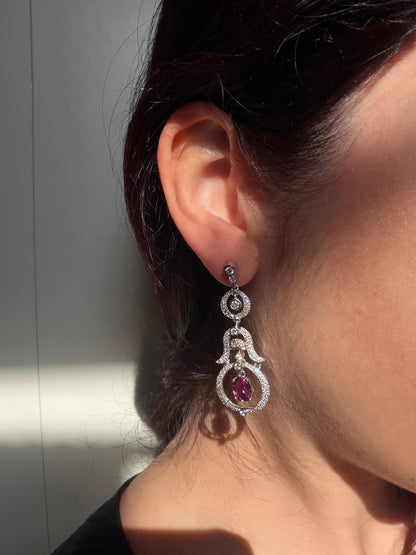 18K White Gold Diamond and 2.52 Carat Oval Cut Ruby Drop Earrings