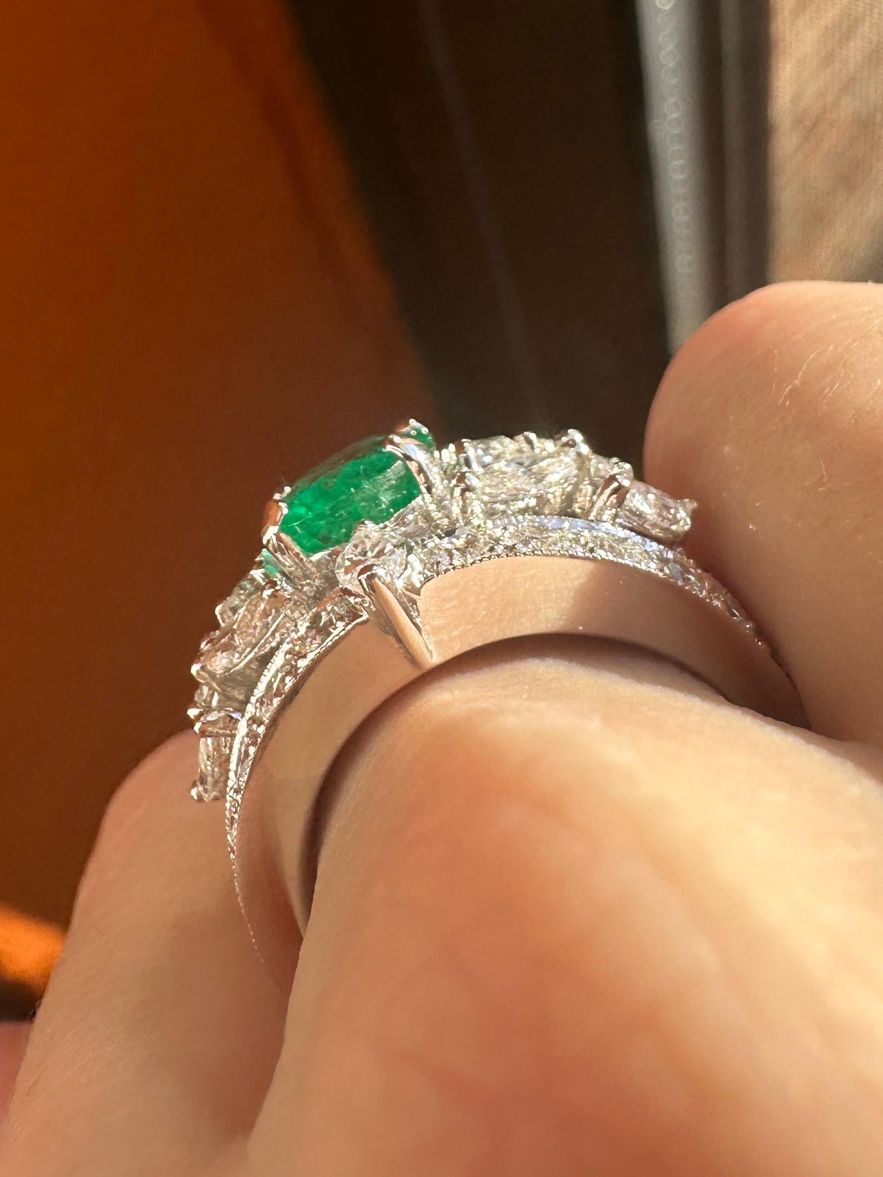18K White Gold 2.95 Carat Oval Emerald and Marquise Cut Diamond Wide Band Ring