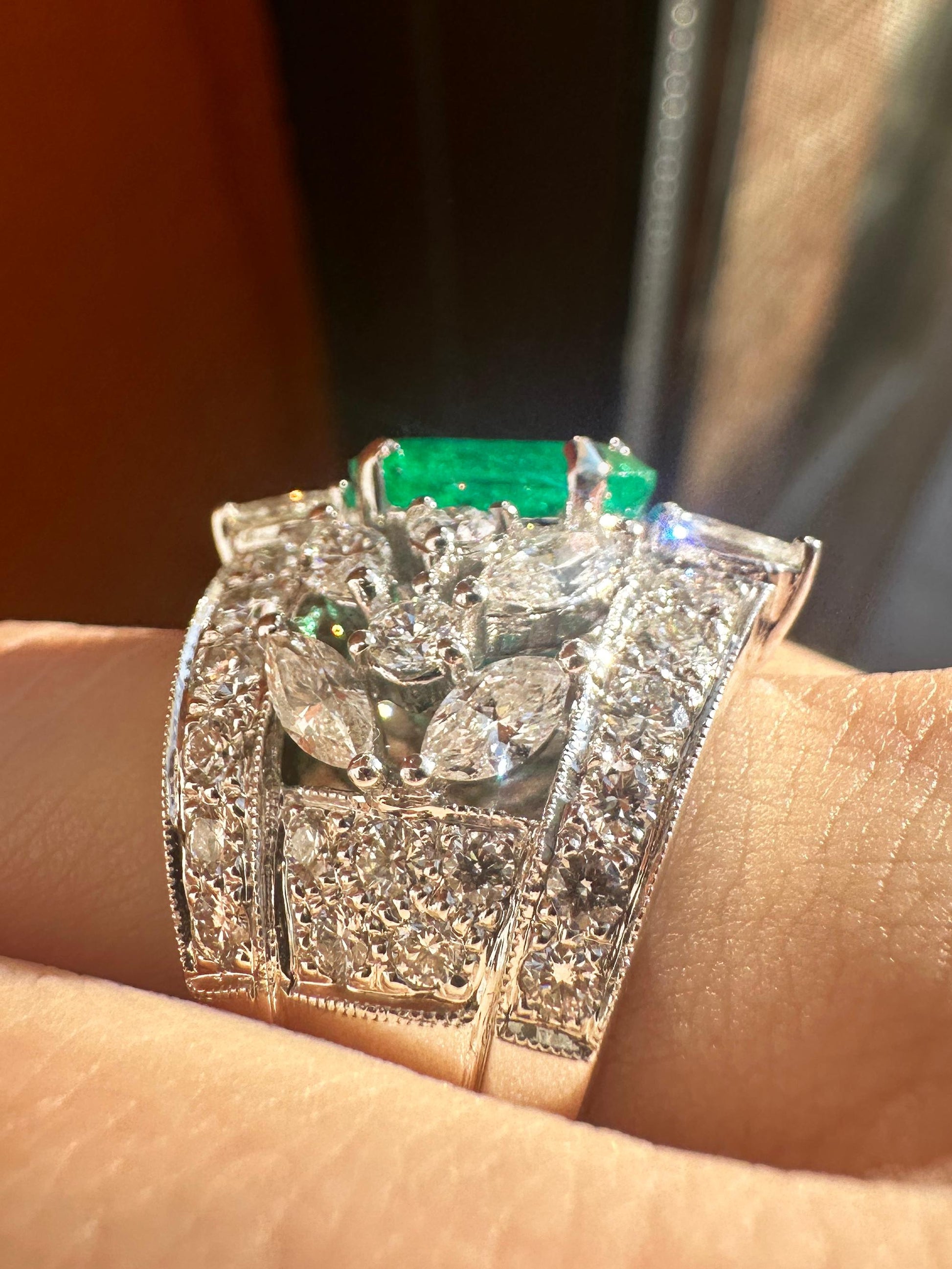 18K White Gold 2.95 Carat Oval Emerald and Marquise Cut Diamond Wide Band Ring