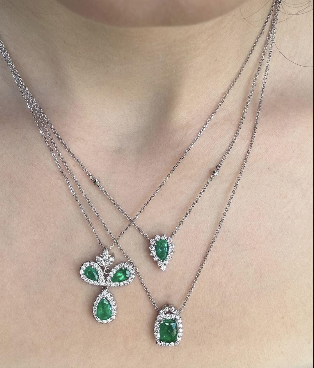 18K White Gold Pear Cut Emerald and Diamond Pendant Necklace