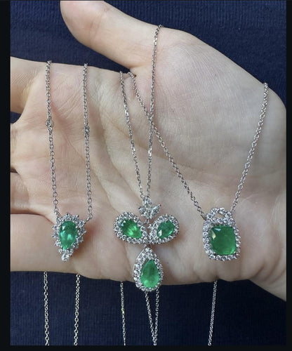 18K White Gold Pear Cut Emerald and Diamond Pendant Necklace