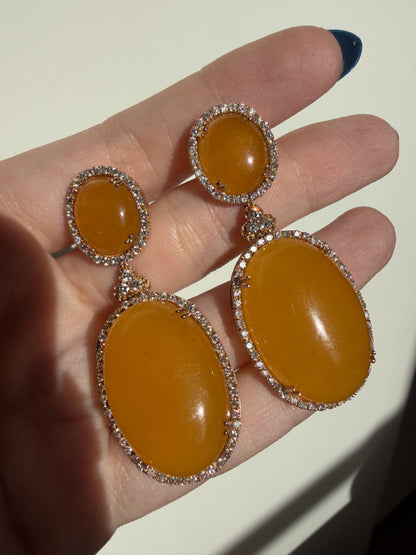 18K Yellow Gold Diamond and Honey Agate Drop Earrings