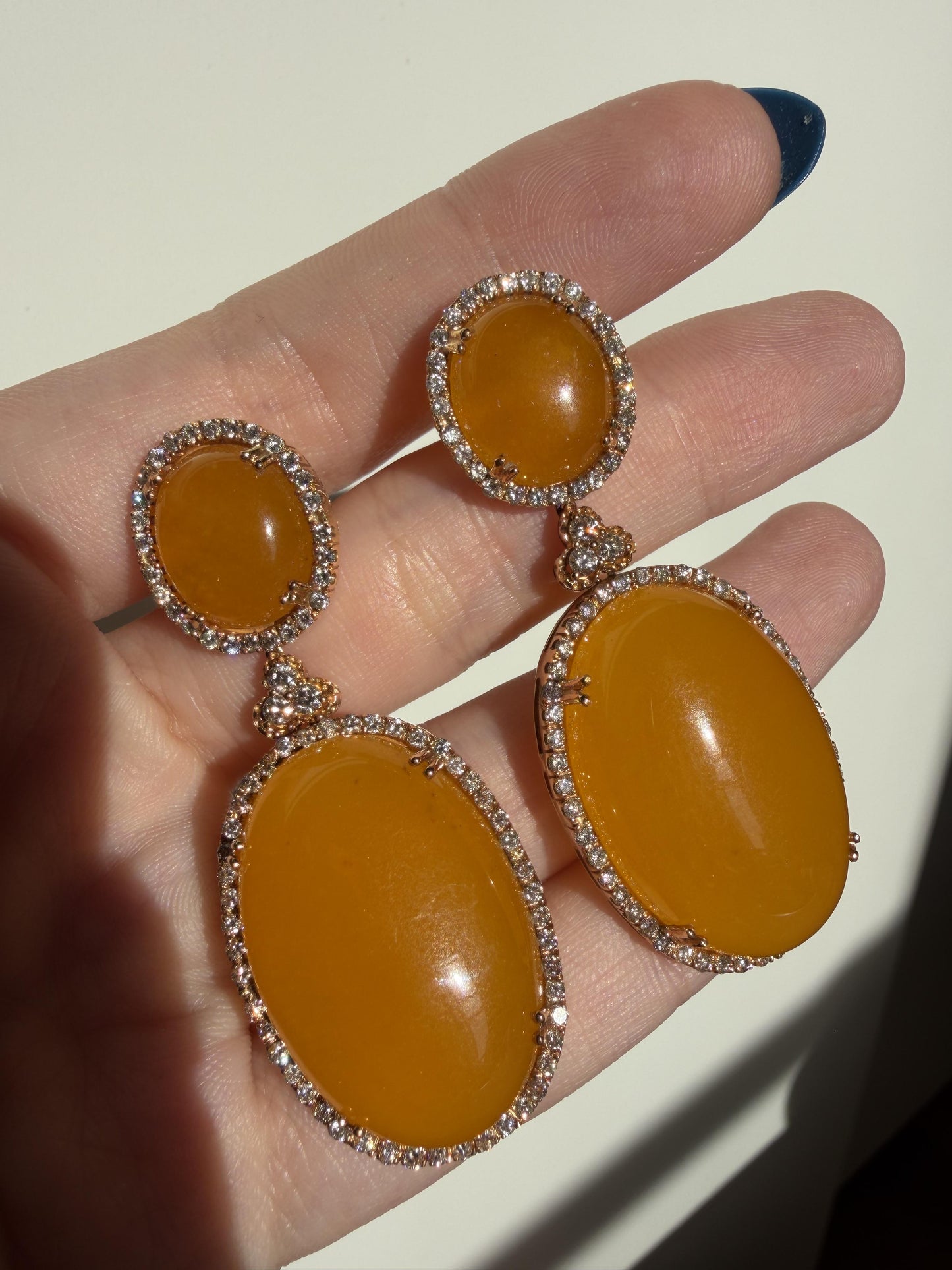 18K Yellow Gold Diamond and Honey Agate Drop Earrings