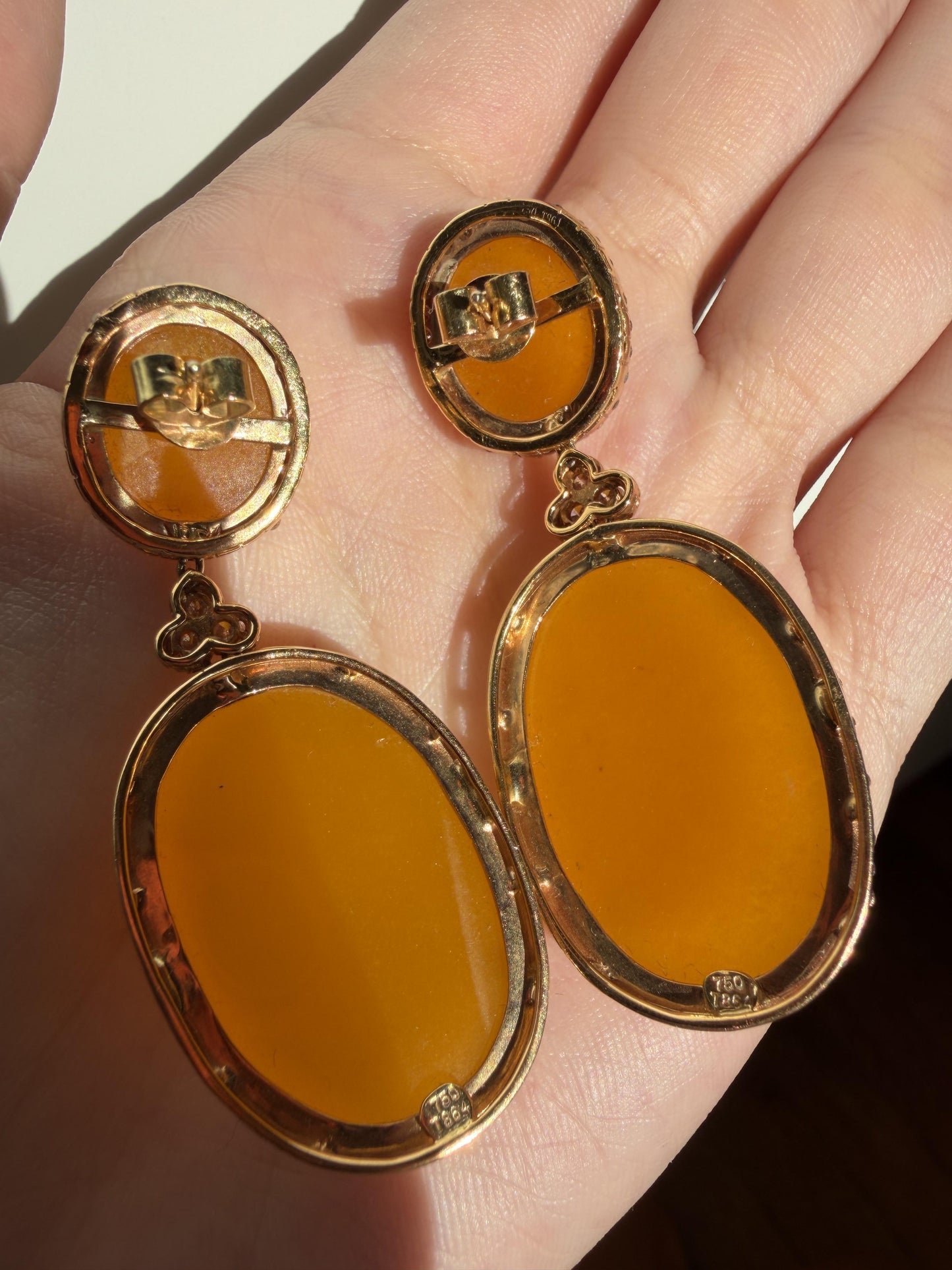 18K Yellow Gold Diamond and Honey Agate Drop Earrings