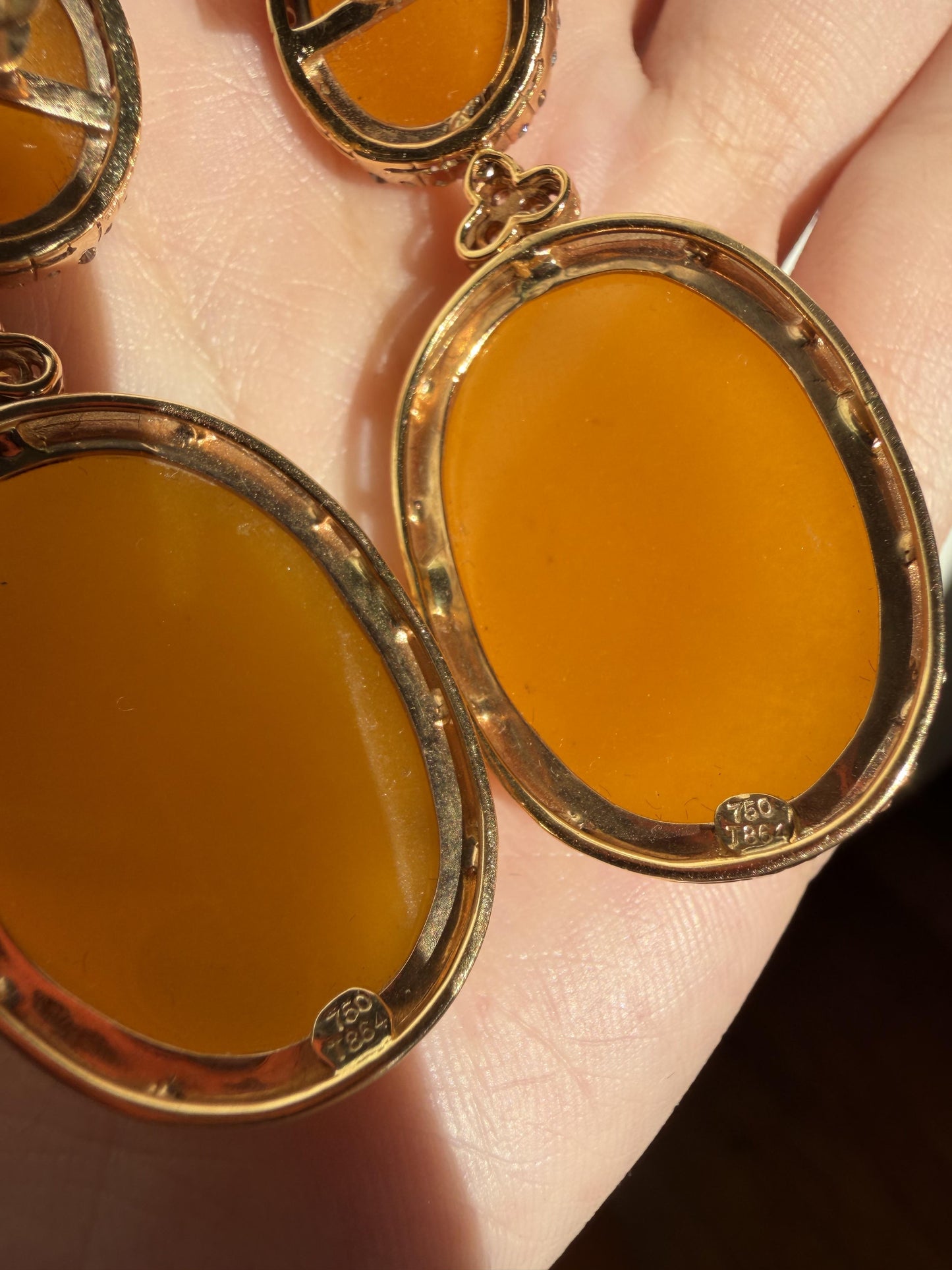 18K Yellow Gold Diamond and Honey Agate Drop Earrings