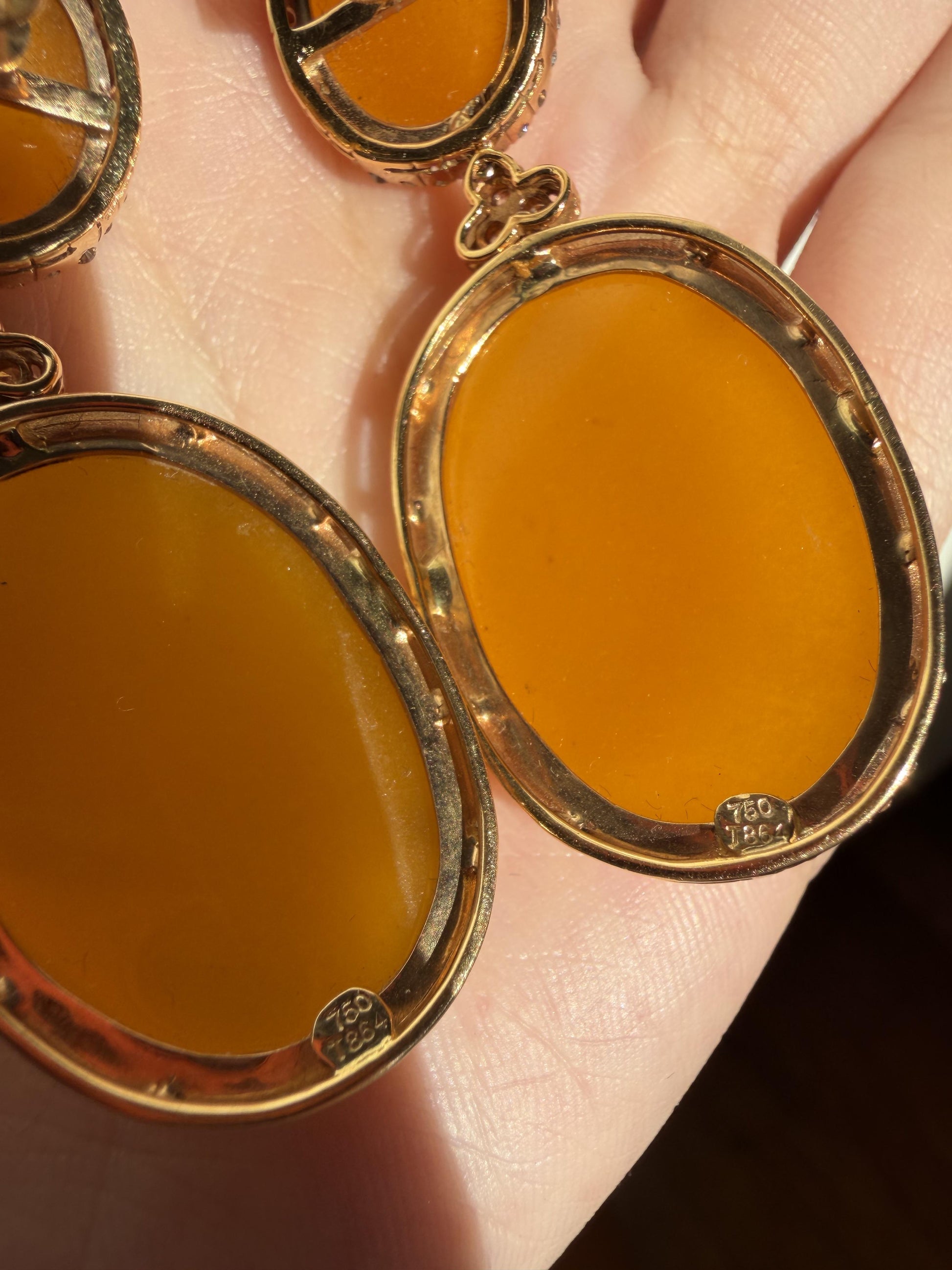 18K Yellow Gold Diamond and Honey Agate Drop Earrings