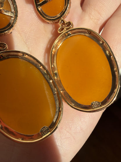 18K Yellow Gold Diamond and Honey Agate Drop Earrings