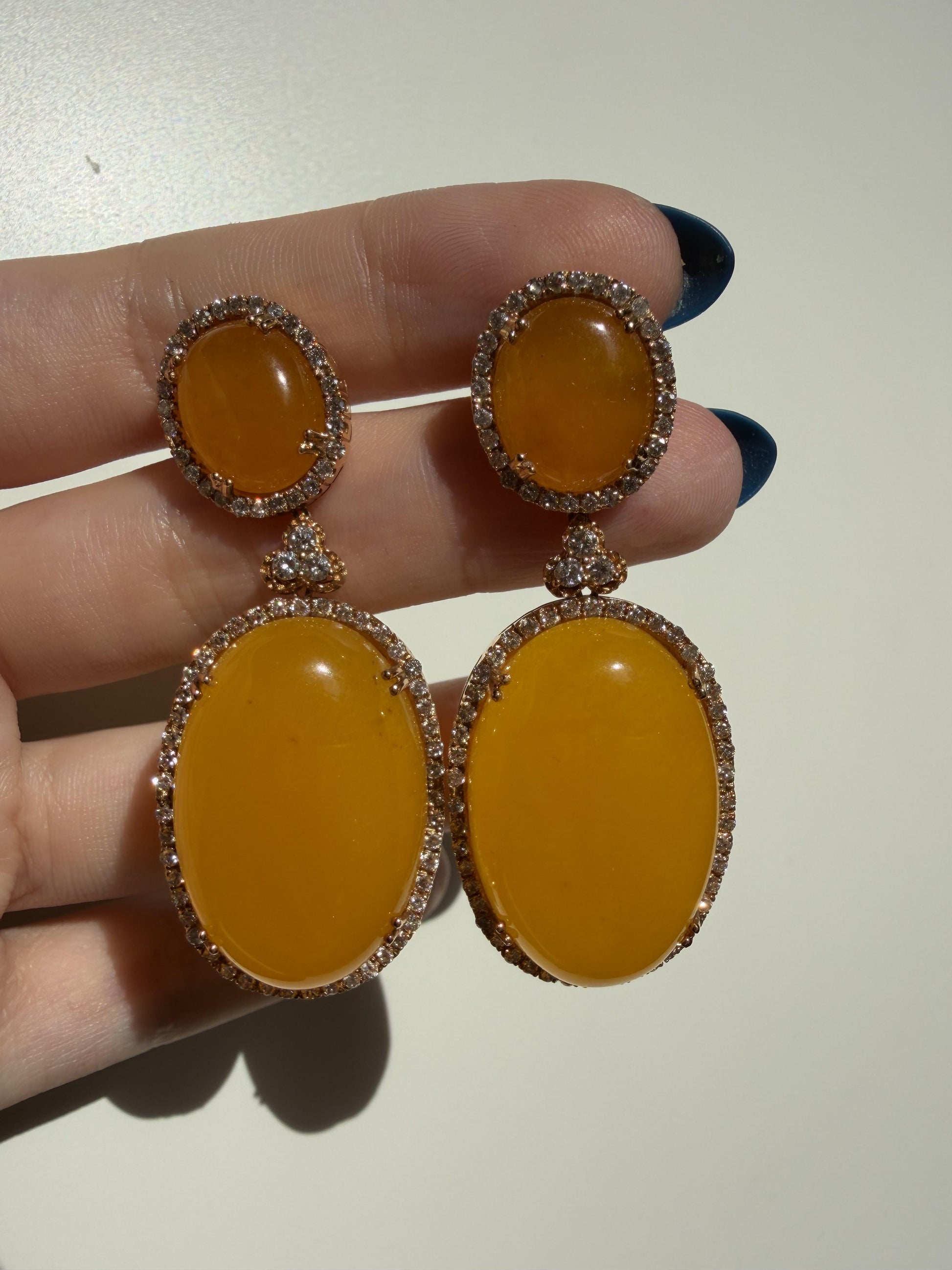 18K Yellow Gold Diamond and Honey Agate Drop Earrings