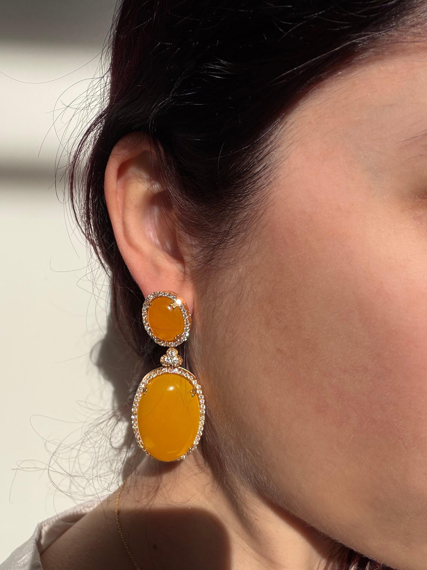 18K Yellow Gold Diamond and Honey Agate Drop Earrings