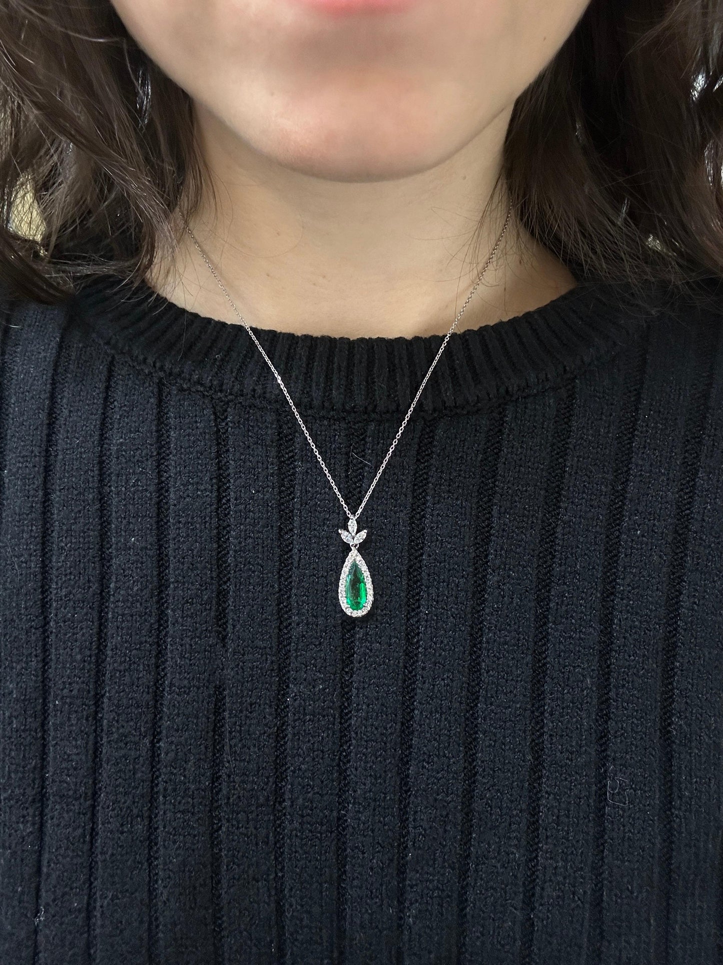 18K White Gold Marquise Cut Diamond and Pear Cut Emerald Pendant Necklace