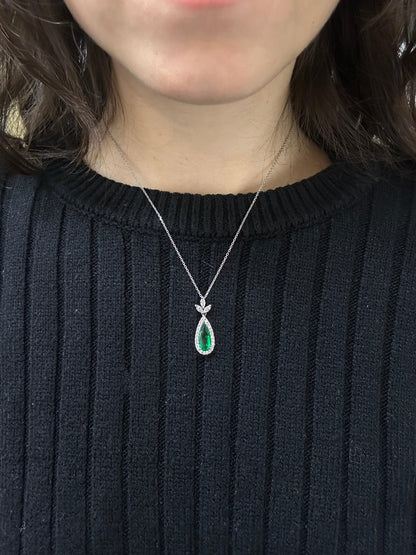 18K White Gold Marquise Cut Diamond and Pear Cut Emerald Pendant Necklace