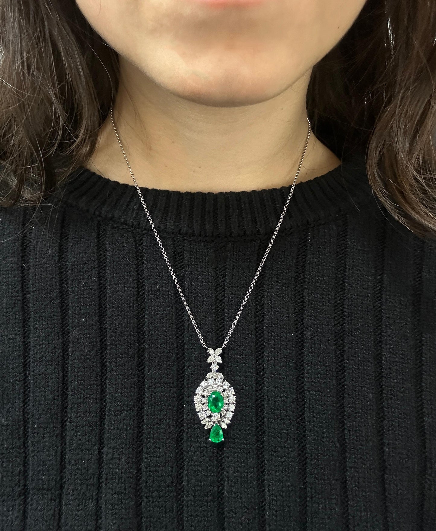 18K White Gold Oval and Pear Cut Emerald and Diamond Necklace