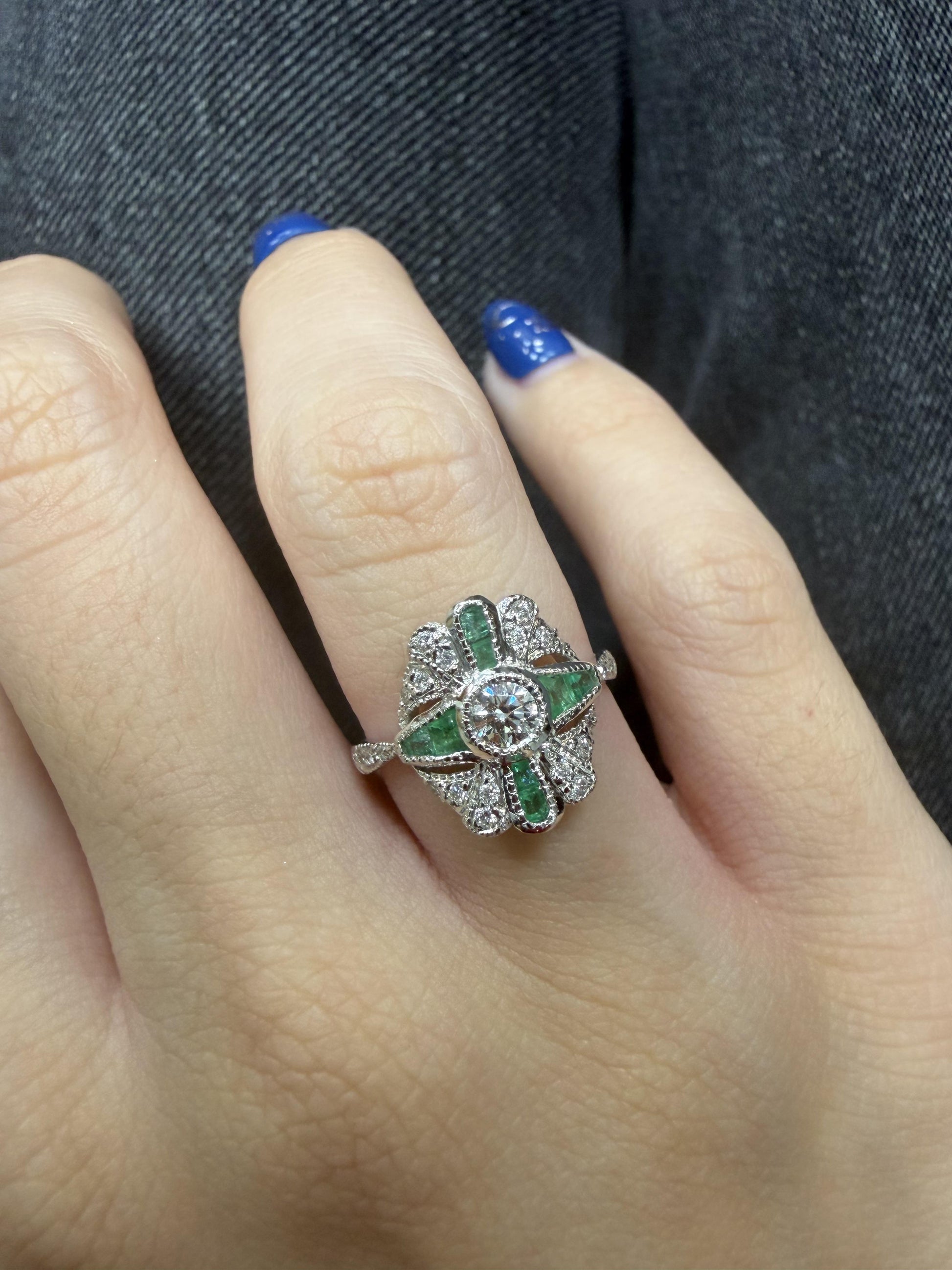 Vintage Inspired 18K White Gold Diamond and Emerald Ring