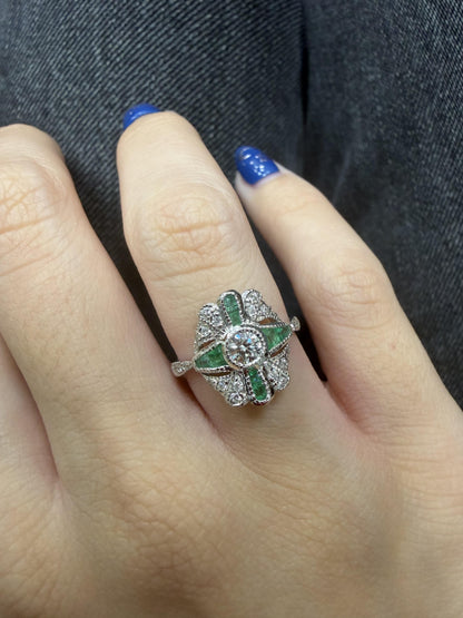 Vintage Inspired 18K White Gold Diamond and Emerald Ring