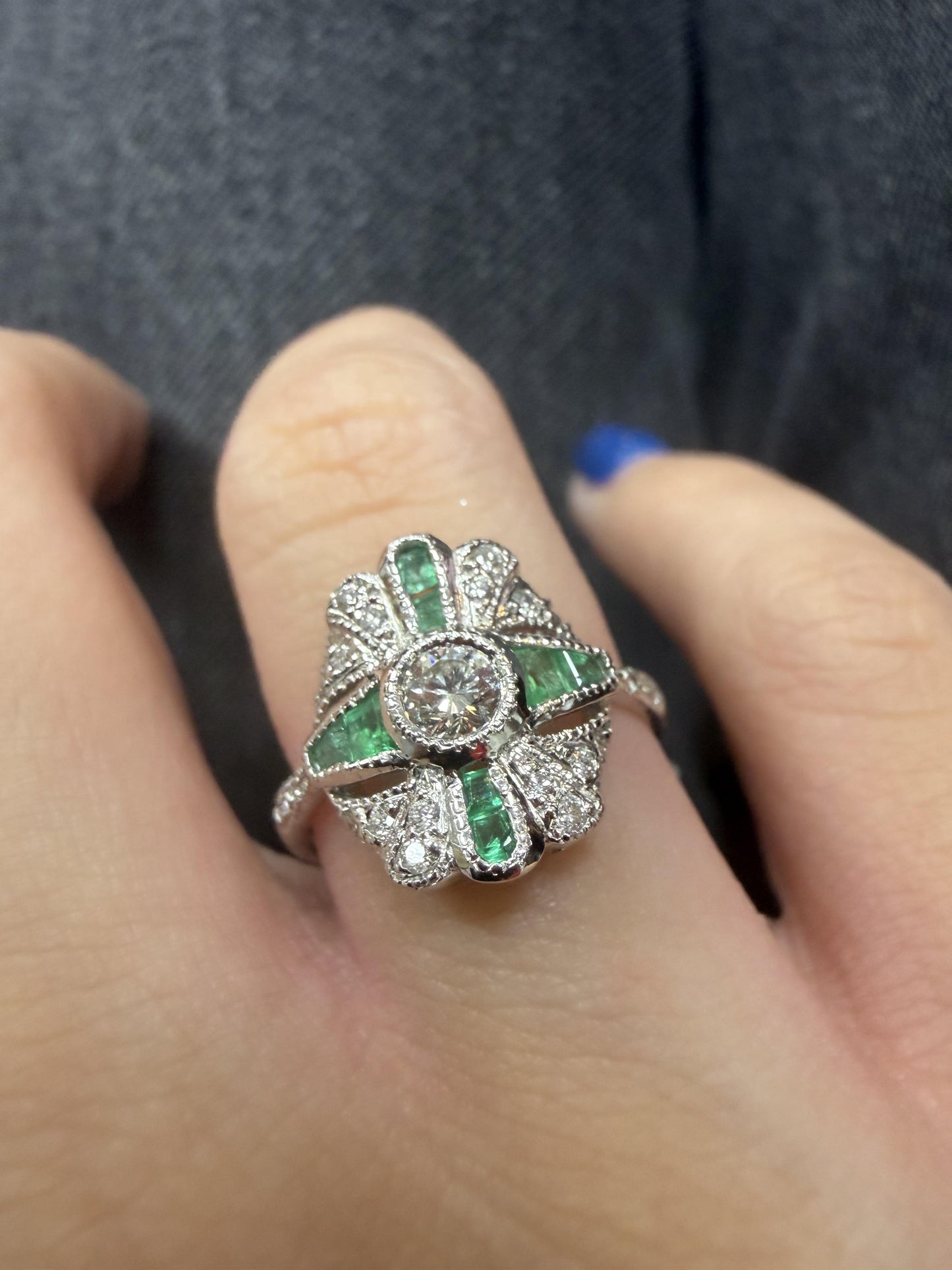 Vintage Inspired 18K White Gold Diamond and Emerald Ring