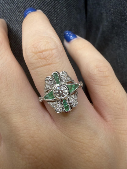 Vintage Inspired 18K White Gold Diamond and Emerald Ring