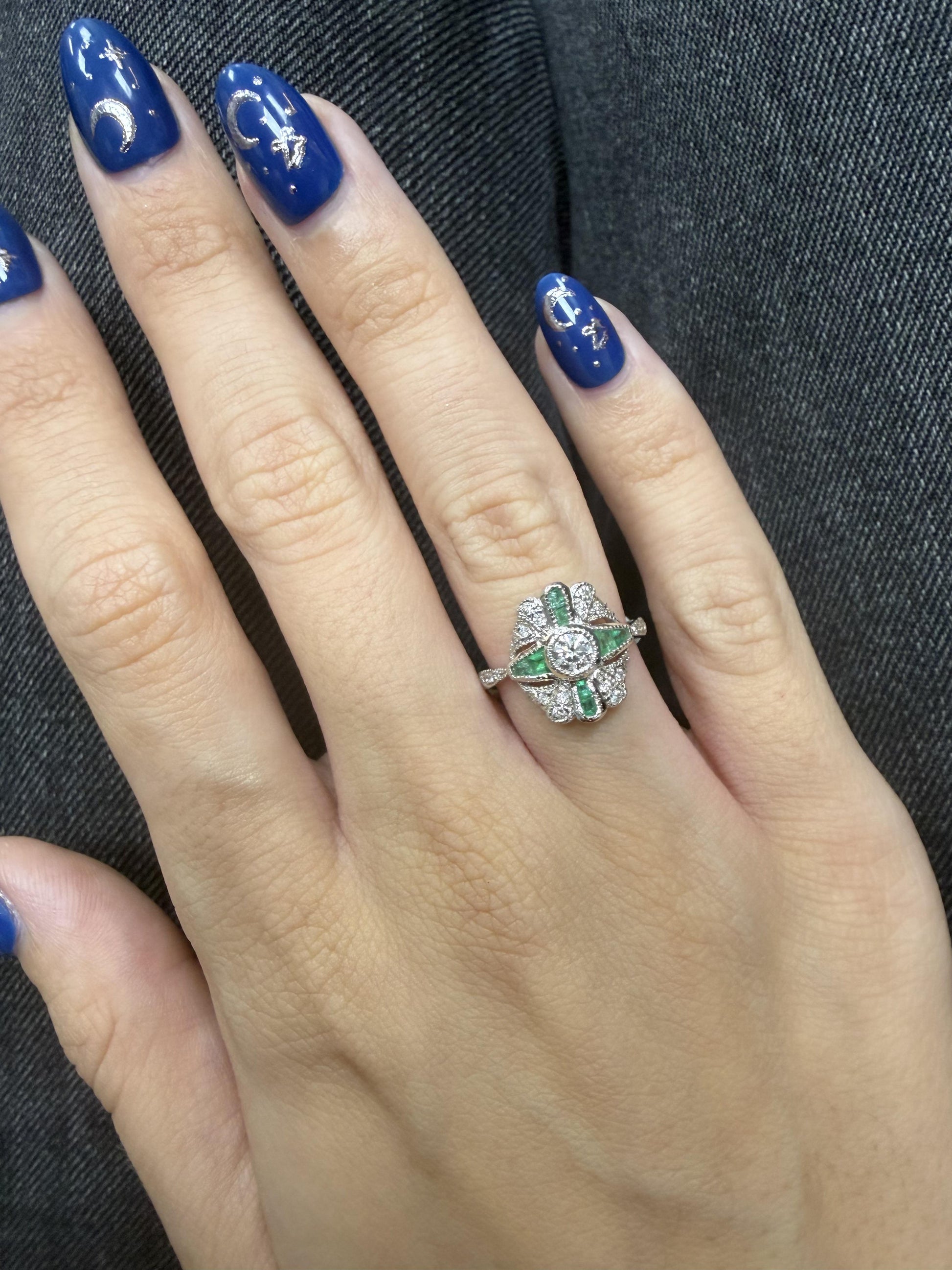 Vintage Inspired 18K White Gold Diamond and Emerald Ring